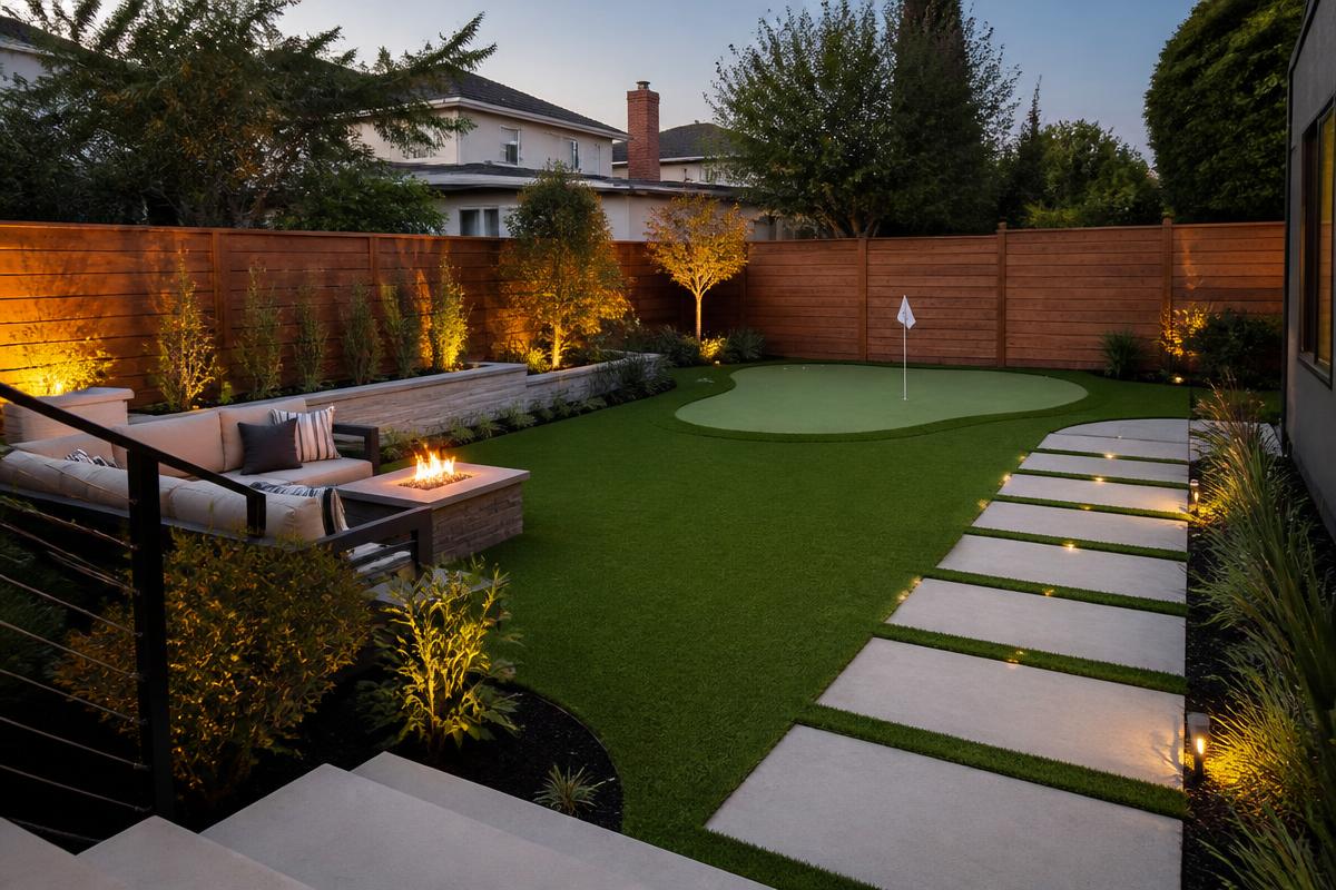 The same yard with artificial turf, pavers and planting