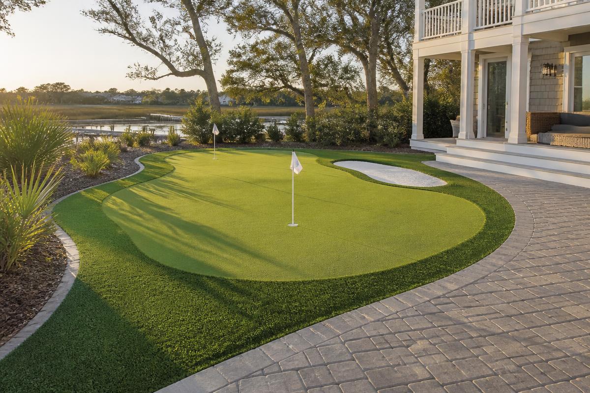 Backyard putting green with fringe turf and landscape lighting
